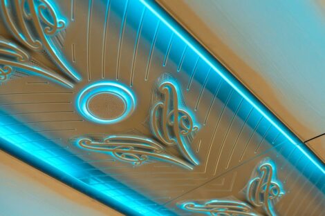 551966 scenic plus carriage ceiling panel adorned with the backbone of the toroa albatross web 1280 470x313 - Lighting Control for KiwiRail's TransAlpine train